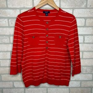 Red and White Striped Light Weight Sweater 3/4 Length Sleeves
